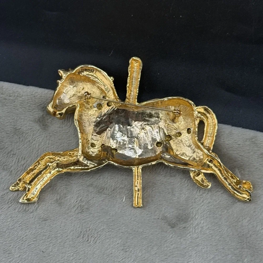 Vintage Estate Brooch Carousel Horse Gold Enamel Rhinestone Large 4in
